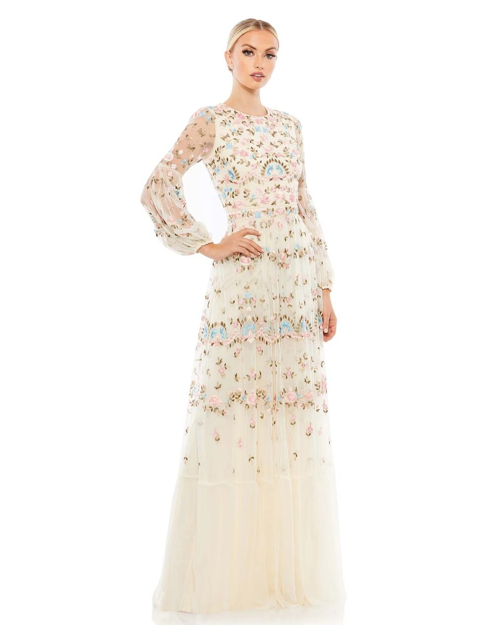 Mac Duggal 35111 Embroidered Blouson Sleeve Gown Sequin Lined Ivory Size 10